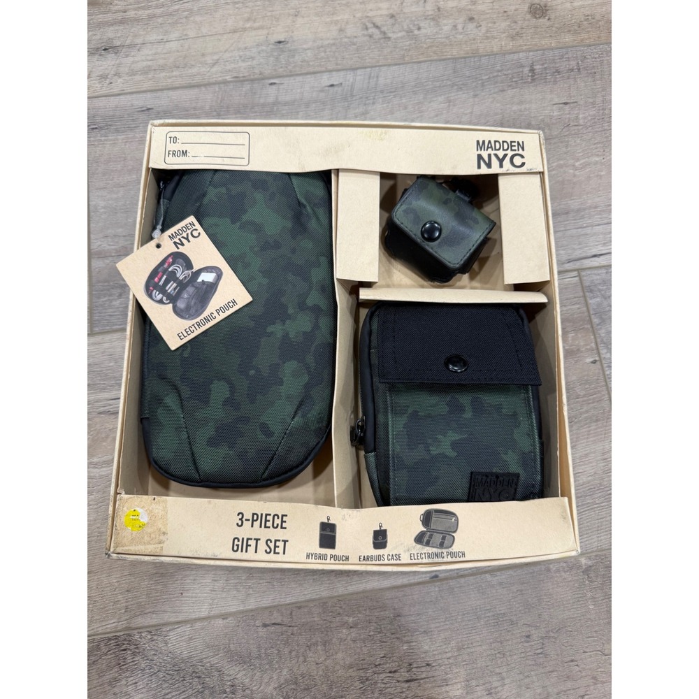 Madden NYC 3-Piece Gift Set Green Camo Electronic Pouch Hybrid Pouch Earbud Case